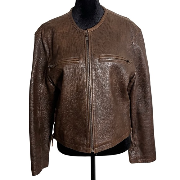 Carole Little Jackets & Blazers - 90s vintage carole little leather jacket moto brown front zip pebbled leather 6